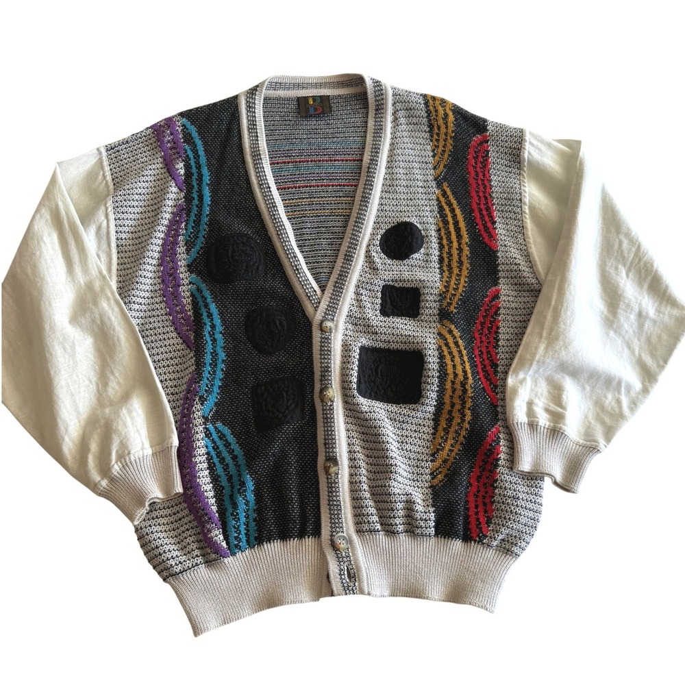 Baffo VTG Cotton Linen Blend Eclectic Grandpacore Multi Media Cardigan Sweater L